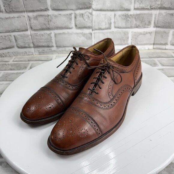Allen Edmonds Strand Men\'s Size 9.5 Brown Leather Cap-Toe Dress Lace Up Oxfords